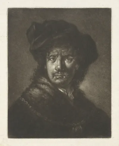 Portret van Rembrandt Harmensz. van Rijn met een muts en een bontkraag
