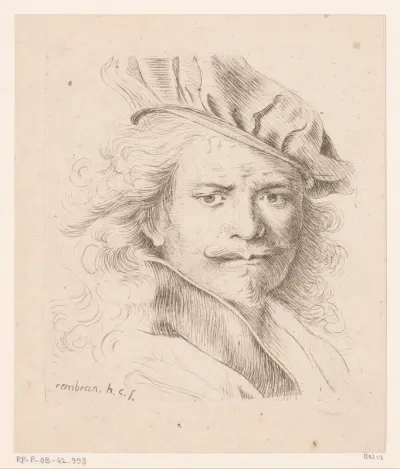 Portret van Rembrandt met muts en opgezette kraag