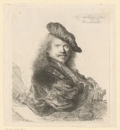Portret van Rembrandt van Rijn, met de onderarm leunend op een stenen dorpel