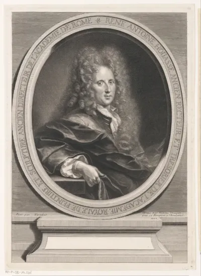Portret van René Antoine Houasse in ovaal op een voetstuk