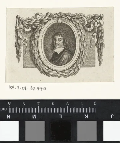 Portret van René Descartes, omringd met een lauwerkrans