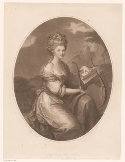 Portret van Sarah Bates met lier en bladmuziek