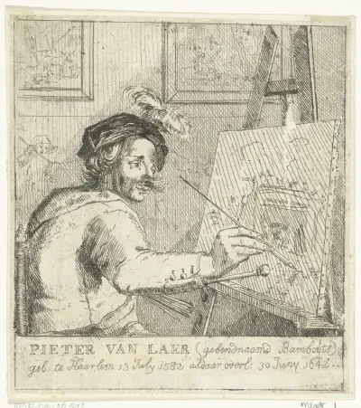 Portret van schilder Pieter van Laer bij schildersezel