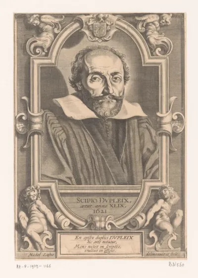 Portret van Scipion Dupleix in een ornamentele lijst met putti