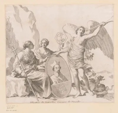 Portret van Silvestre de Cruzy de Marcillac vastgehouden door Faam, Geloof en Trouw