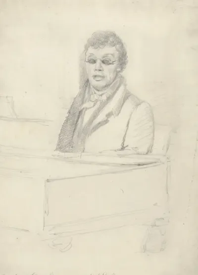 Portret van Sloos, blinde organist te Delft, aan de tafelpiano