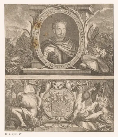 Portret van Stanislaw Jan Jablonowski in medaillon omringd door oorlogsbuit