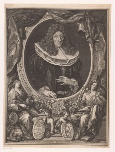 Portret van Stephan Jacob Silberrad in allegorische omlijsting