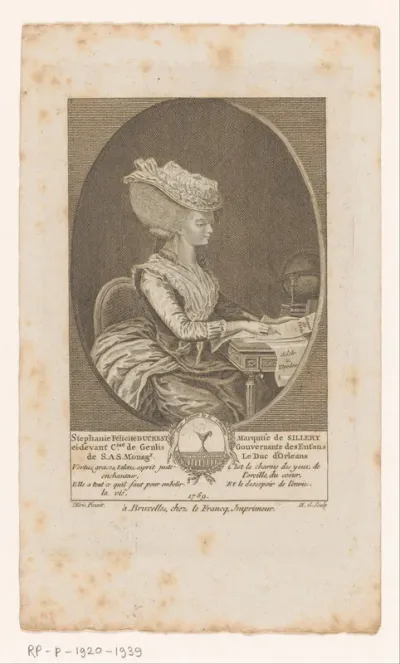 Portret van Stéphanie Félicité, gravin van Genlis aan een secretaire