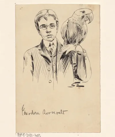 Portret van Theodore Roosevelt met Eli de blauwe ara