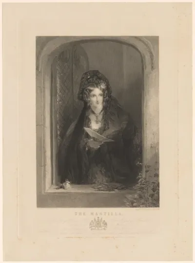 Portret van Theresa Lewis gesluierd en met een waaier in een raamkozijn