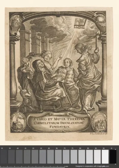 Portret van Theresia van Avila met allegorieën en emblemen