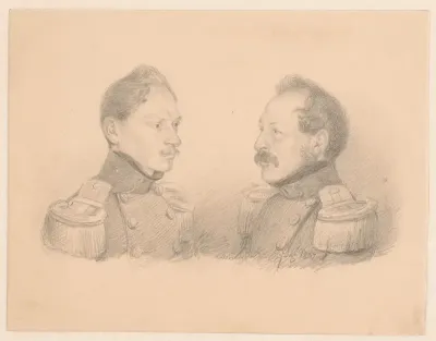 Portret van twee militairen op een blad