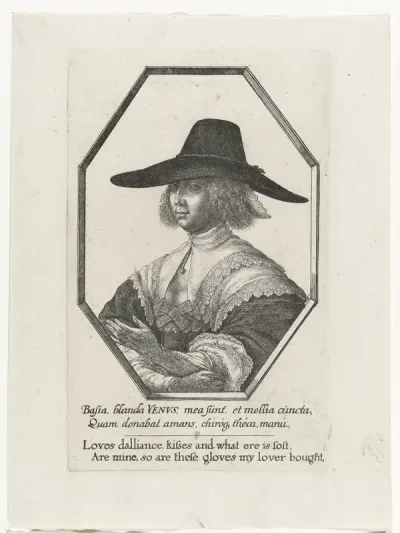 Portret van vrouw met grote donkere hoed en lange handschoenen
