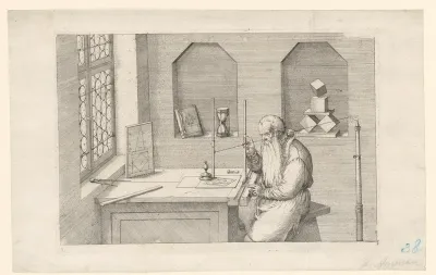 Portret van Wenzel Jamnitzer, bezig met perspectivische berekeningen