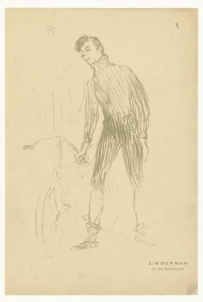 Portret van wielrenner Arthur Augustus Zimmerman en zijn fiets