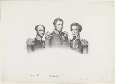 Portret van Willem II, koning der Nederlanden, Willem I Frederik, koning der Nederlanden, en Frederik, prins der Nederlanden