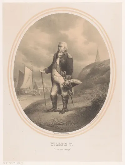 Portret van Willem V op het strand in Scheveningen