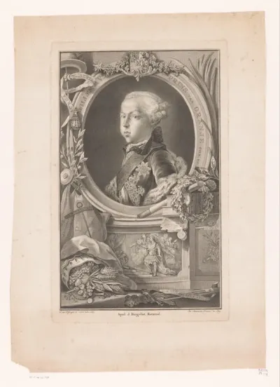 Portret van Willem van Oranje in lijst met fries