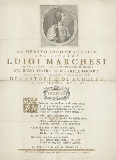 Portret van zanger Luigi Marchesi met sonnet