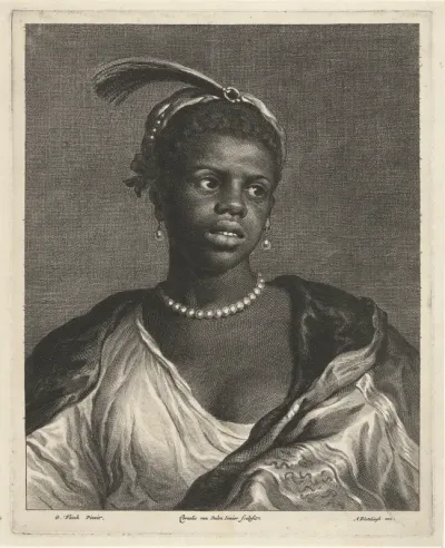 Portret van zwarte vrouw met parelketting