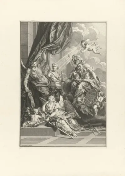 Portretbuste van Andrea Palladio omgeven door personificaties van Tijd, Faam en Wijsheid