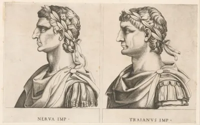 Portretbustes van Romeinse keizers Nerva en Trajanus