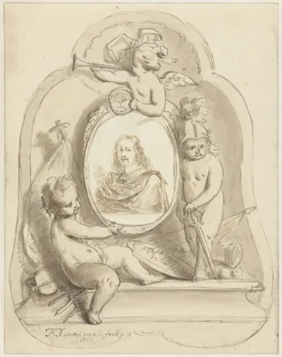 Portretmedaillon omringd door putti