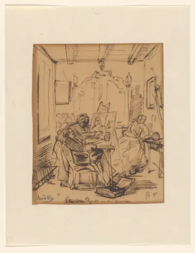 Portretschilder in een interieur, met zittend model en derde figuur.