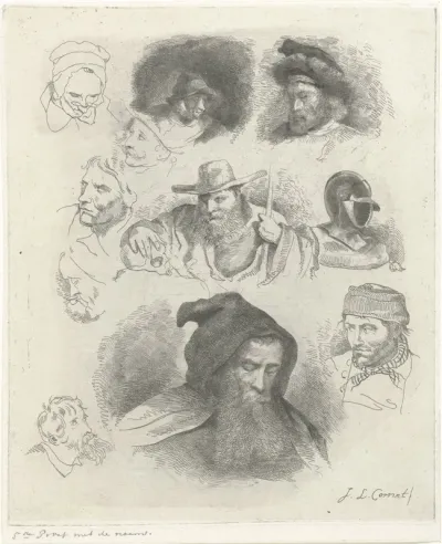 Portretstudie van verschillende hoofden