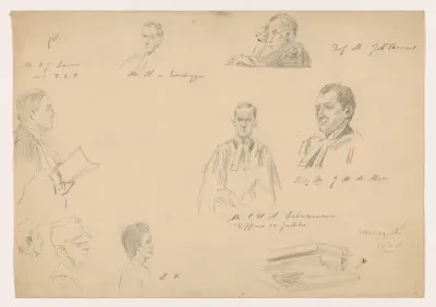 Portretstudies voor het (onvoltooide) schilderij van de Nederlandse rechtbank in Londen, juni 1942: de twee Chinese verdachten en leden van de rechtbank