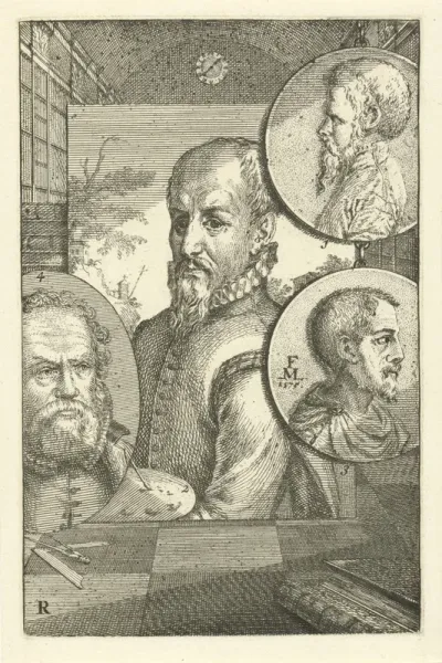 Portretten van Augustin Jorisz. Verburcht, Hendrick van Cleve, Melchior Lorck en Hans Vredeman de Vries