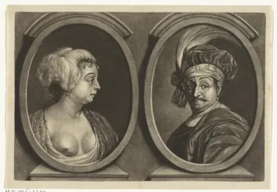 Portretten van een vrouw met een ontblote borst en een man met tulband