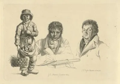 Portretten van J.P. Visser Bender en P.Pz. Barbiers naast een jongen