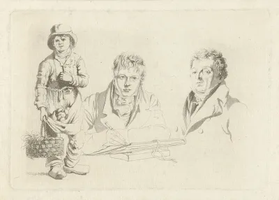 Portretten van J.P. Visser Bender en P.Pz. Barbiers naast een jongen