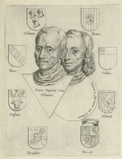 Portretten van Joannes Baptista van Helmont en Franciscus Mercurius van Helmont met acht wapens