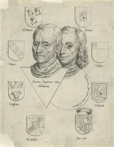 Portretten van Joannes Baptista van Helmont en Franciscus Mercurius van Helmont met acht wapenschilden