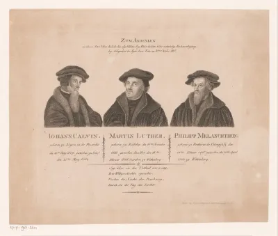 Portretten van Johannes Calvijn, Martin Luther en Philipp Melanchthon