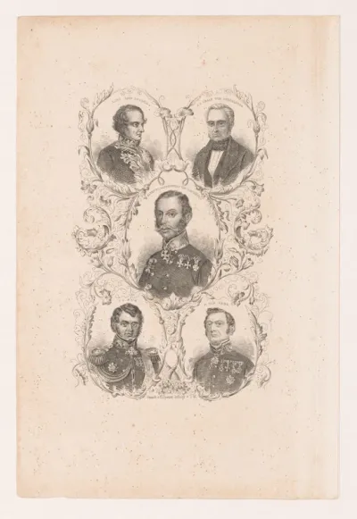 Portretten van John Russel, Karl Robert von Nesselrode, Albrecht aartshertog van Oostenrijk, Julius Constantijn Rijk en P. van Rees