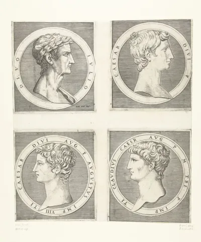 Portretten van keizers Julius Caesar en Augustus en Tiberius en Claudius