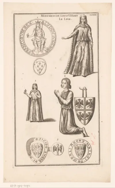 Portretten van koning Lodewijk VIII en zijn vrouw en zoon, omringd door diverse zegels en wapenschilden