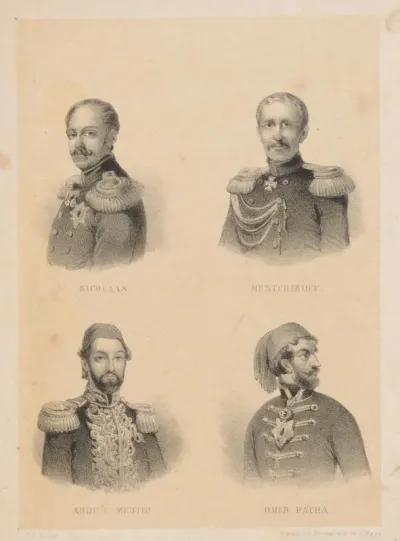 Portretten van Nicolaas I van Rusland, Aleksandr Sergejevitsj Mensjikov, Abdülmecit, sultan van het Ottomaanse Rijk, en Omar Pasha
