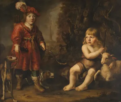 Portretten van twee jongens in een landschap, de een gekleed als jager, de ander als Johannes de Doper