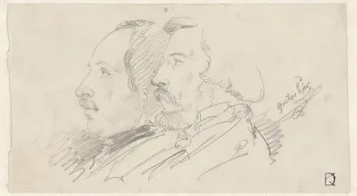 Portretten van twee mannen, en profil naar links, de rechtse man is kunstschilder en literator Gustav Süs