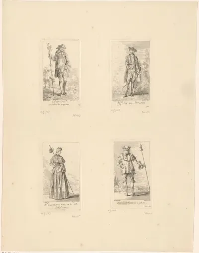 Portretten van vier acteurs, staand in een landschap