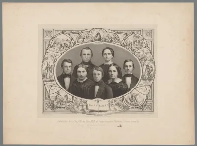 Portretten van vier missionarissen en hun vrouwen