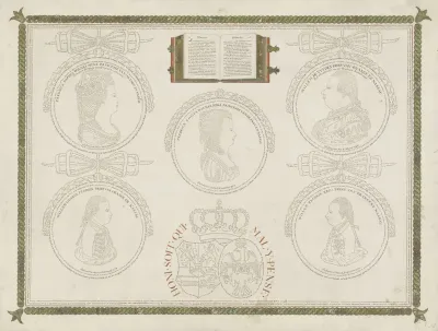 Portretten van Wilhelmina van Pruisen, Willem V, prins van Oranje-Nassau, Louise, prinses van Oranje-Nassau, Frederik, prins van Oranje-Nassau, en Willem I Frederik, koning der Nederlanden