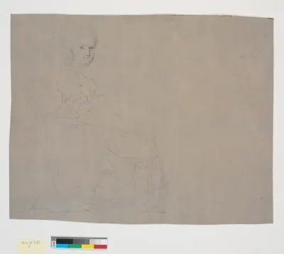 Portræt af en siddende ældre dame, hel figur, profil t.h., ansigtet en face