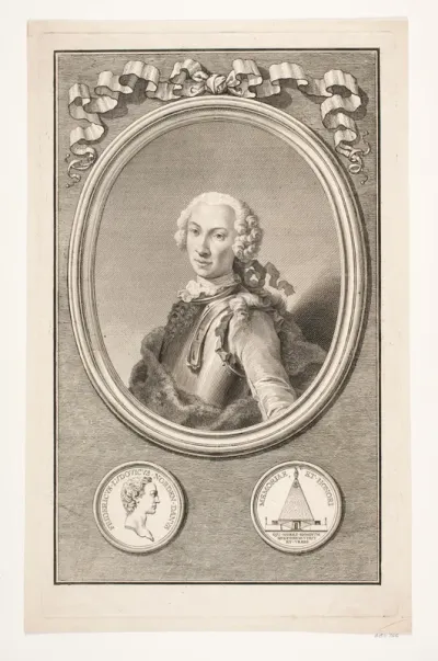 Portræt af Frederik Lodvig Norden. Illustration til Frederik Lodvig Norden, "Voyage d'Egypte et de Nubie", København 1755