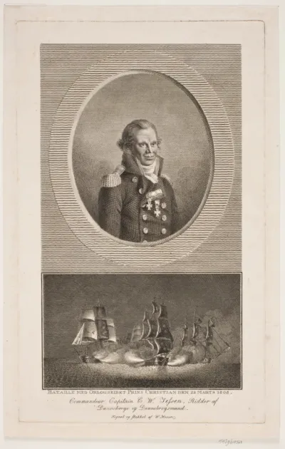 Portræt af kommandør-kaptajn C. W. Jessen. Herunder: Orlogsskibet Prins Christian Frederik i kamp 1808